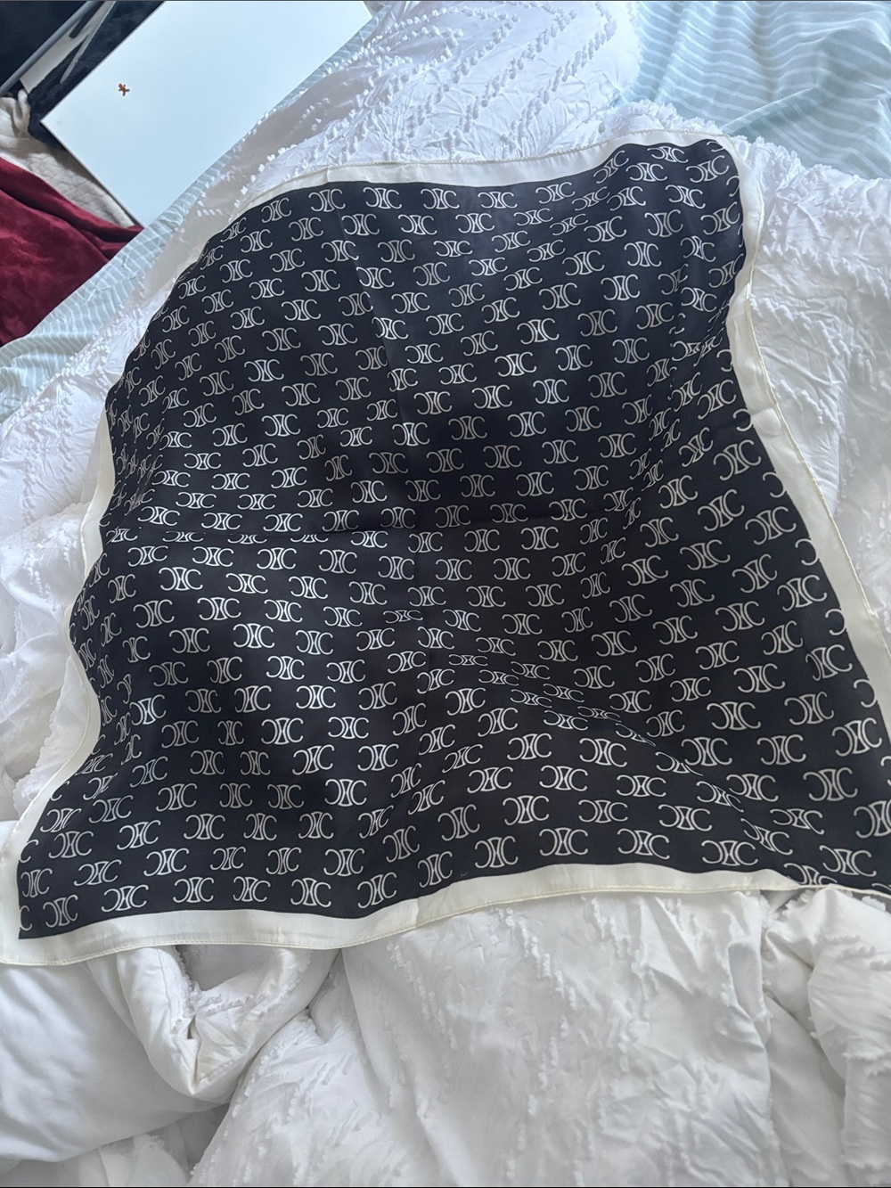 Vintage Black and Cream Monogram Silk Scarf - Picture 3 of 7